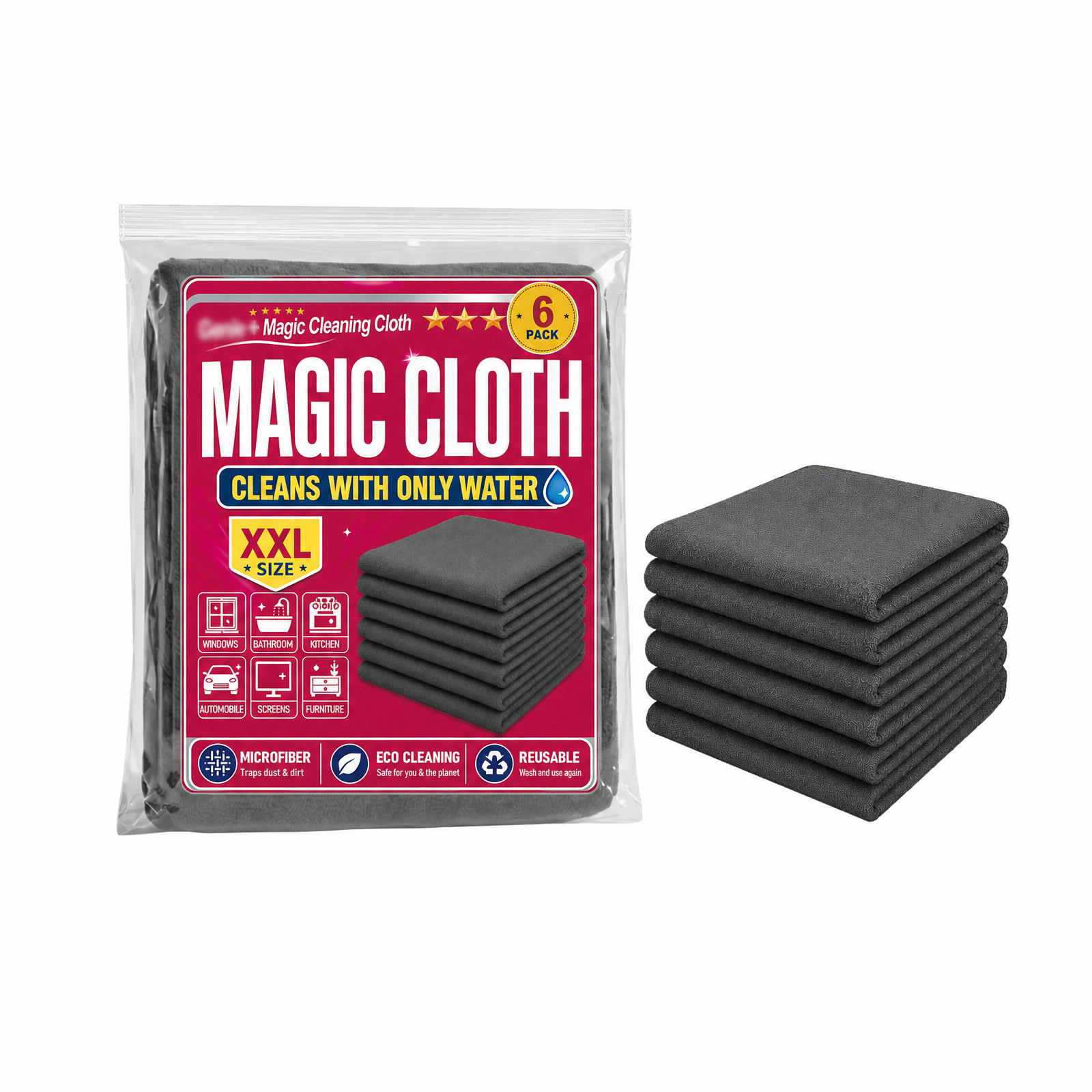 Genie Magic Cleaning Cloth 6-Pack,Microfiber Cleaning Cloths ,Reusable