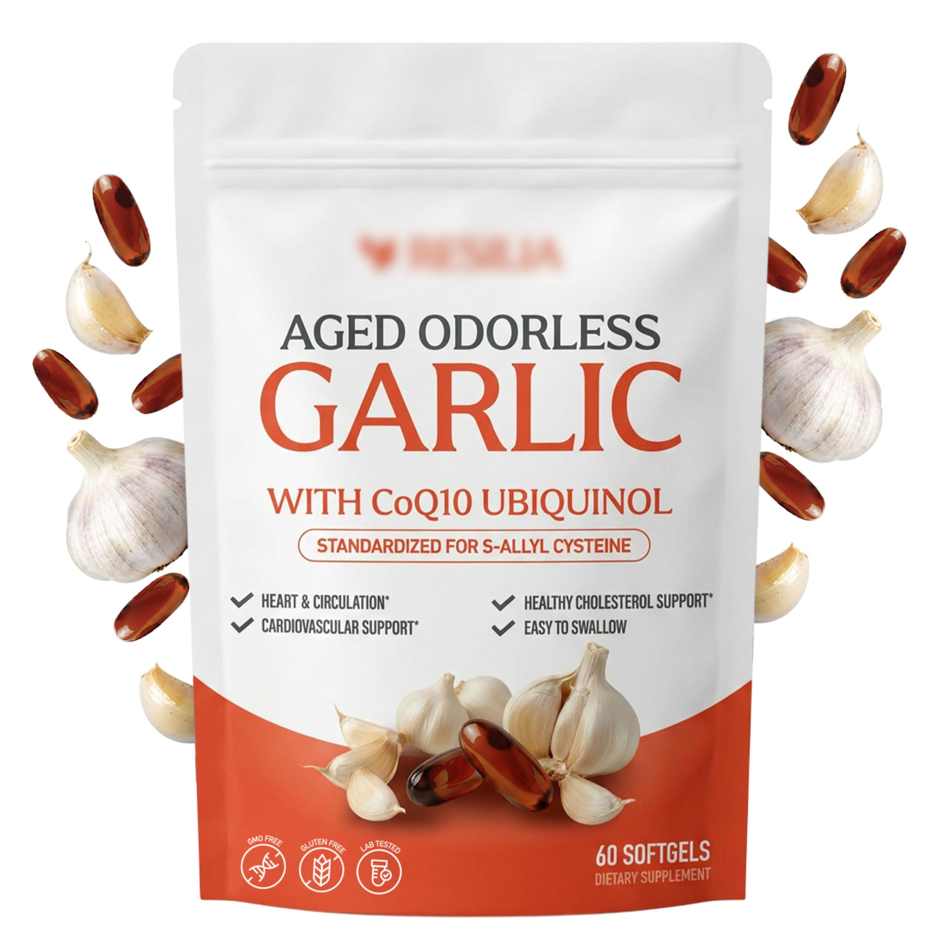 Odorless Aged-Resilia Garlic Extract 600mg Softgels (60 Count) with CoQ10
