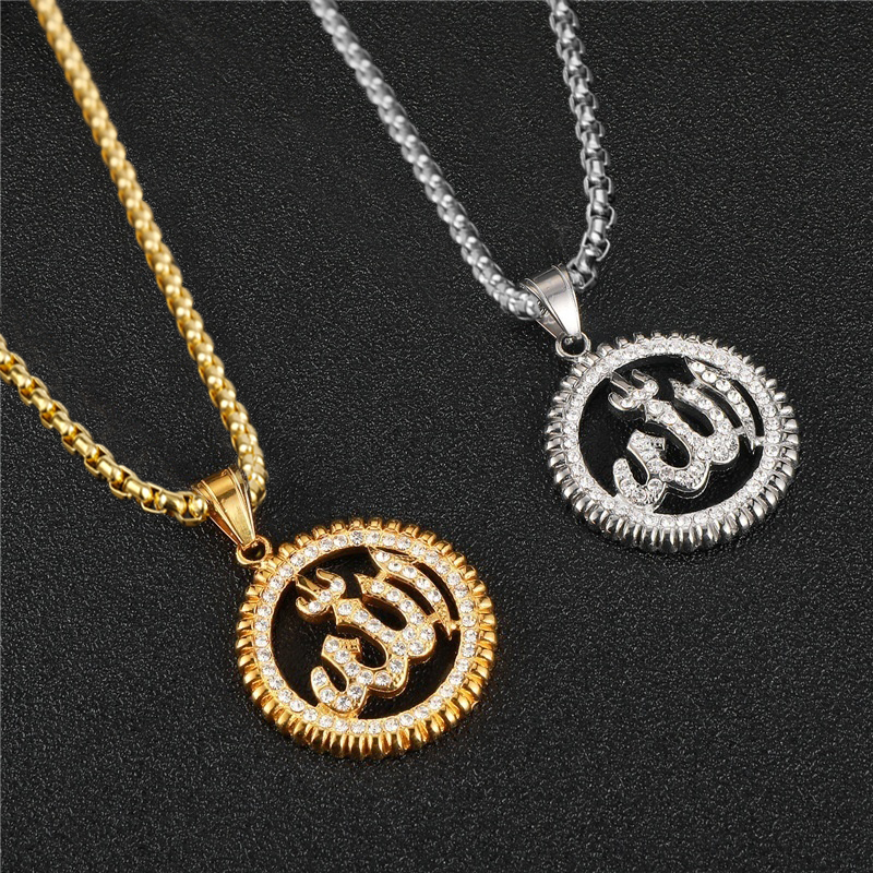 Islam Muslim Rune Pattern Pendant Necklace Men's Necklace Sliding Crystal Inlaid Pendant Religious Necklace Accessories Jewelry