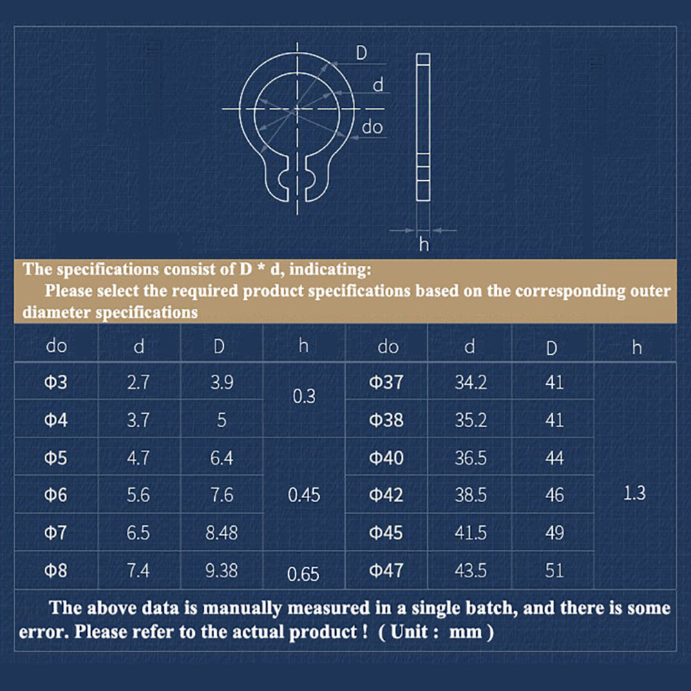 Description Picture 2 of item50-1000Pc C Type External Circlip Retaining Rings Shaft Circlip Washer M3-M9 Stainles Steel/65Mn C-type Retaining Clip Snap Ring