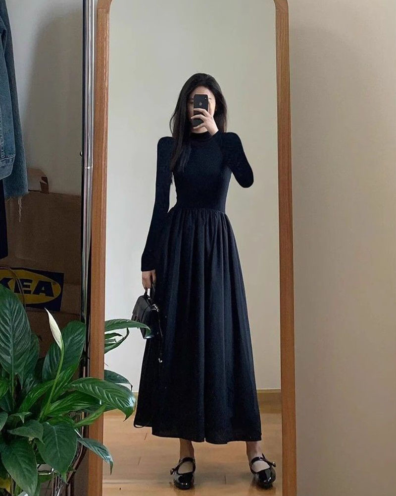 Formal Korean Dress Korean Style] A-line Long Sleeve Knitted One Piece  Black Dress  Ordicle