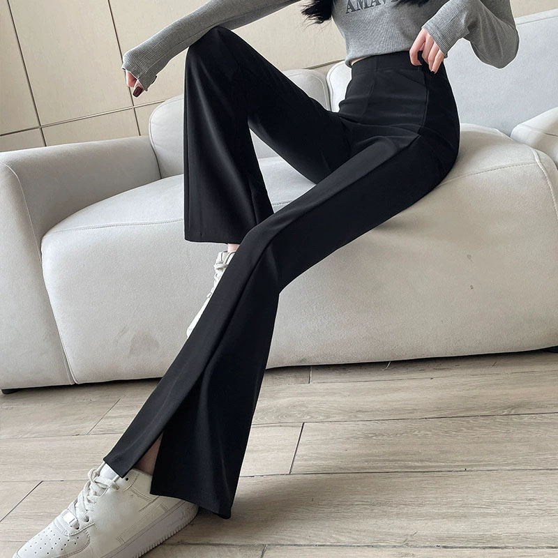 Black Front Split Flares Pants Women Fashion High Waist Elastic Slim Fit Wide Leg Pants Woman 2025 Y2K Simple Popular Trousers