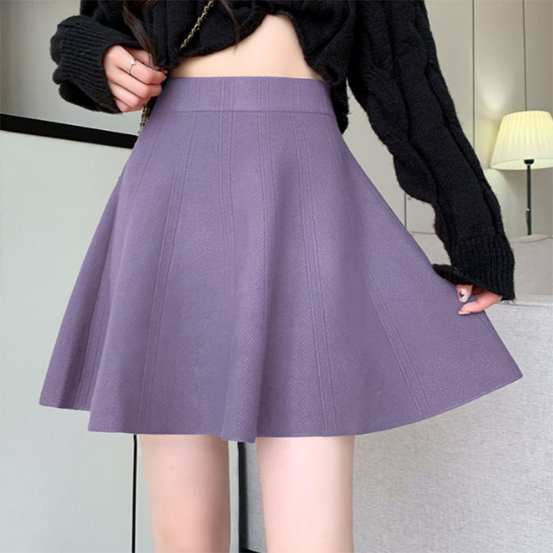 Solid Color Basic Knitted Mini Skirts Women New Autumn Winter Elastic Waist A-Line Skirts Ladies Korean All Match Pleated Skirt