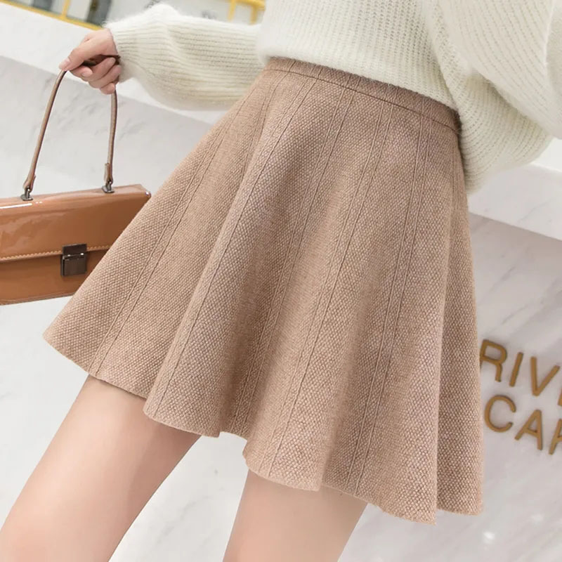 Solid Color Basic Knitted Mini Skirts Women New Autumn Winter Elastic Waist A-Line Skirts Ladies Korean All Match Pleated Skirt