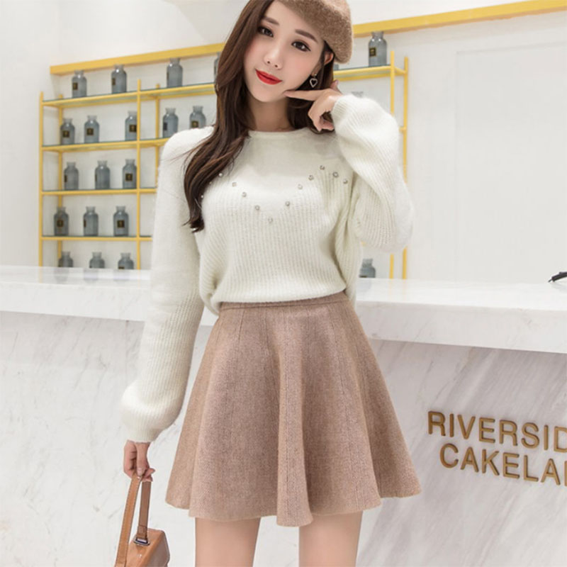 Solid Color Basic Knitted Mini Skirts Women New Autumn Winter Elastic Waist A-Line Skirts Ladies Korean All Match Pleated Skirt