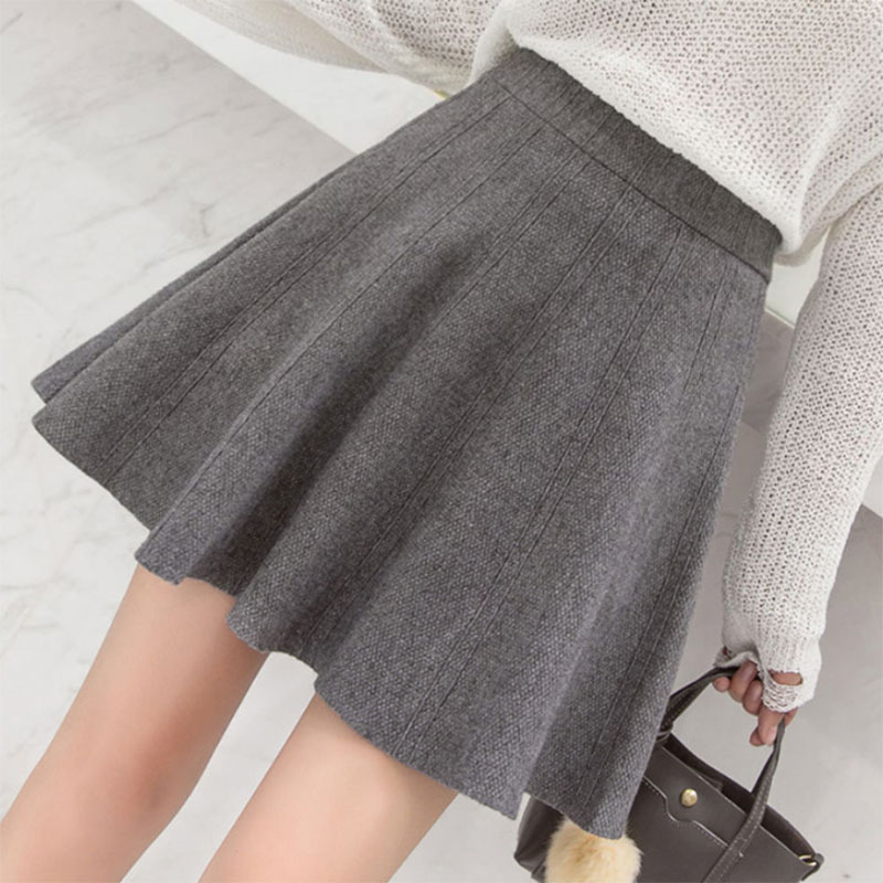 Solid Color Basic Knitted Mini Skirts Women New Autumn Winter Elastic Waist A-Line Skirts Ladies Korean All Match Pleated Skirt