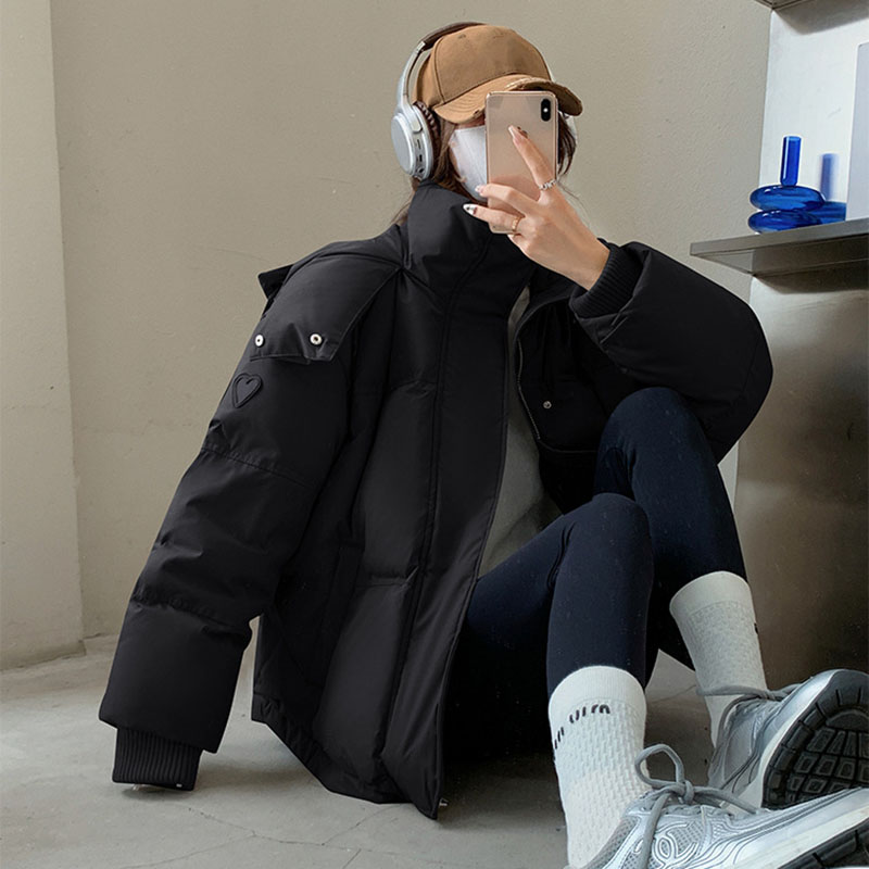Korean Heart Shaped Short Down Cotton Jacket Women Harajuku Winter Couple Bread Style Outerwear Casual Thick Warm Hooded Parkas