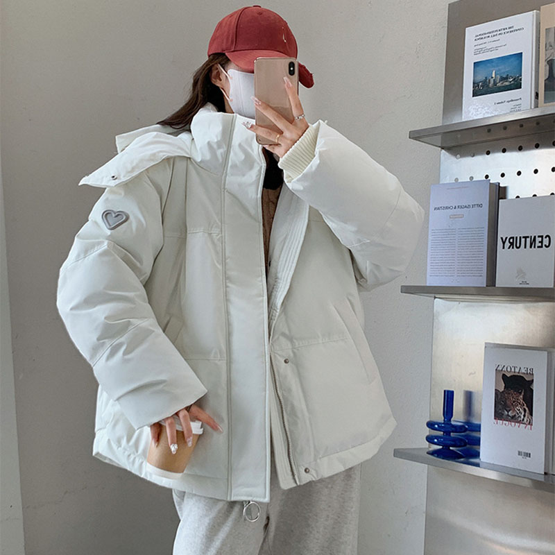 Korean Heart Shaped Short Down Cotton Jacket Women Harajuku Winter Couple Bread Style Outerwear Casual Thick Warm Hooded Parkas