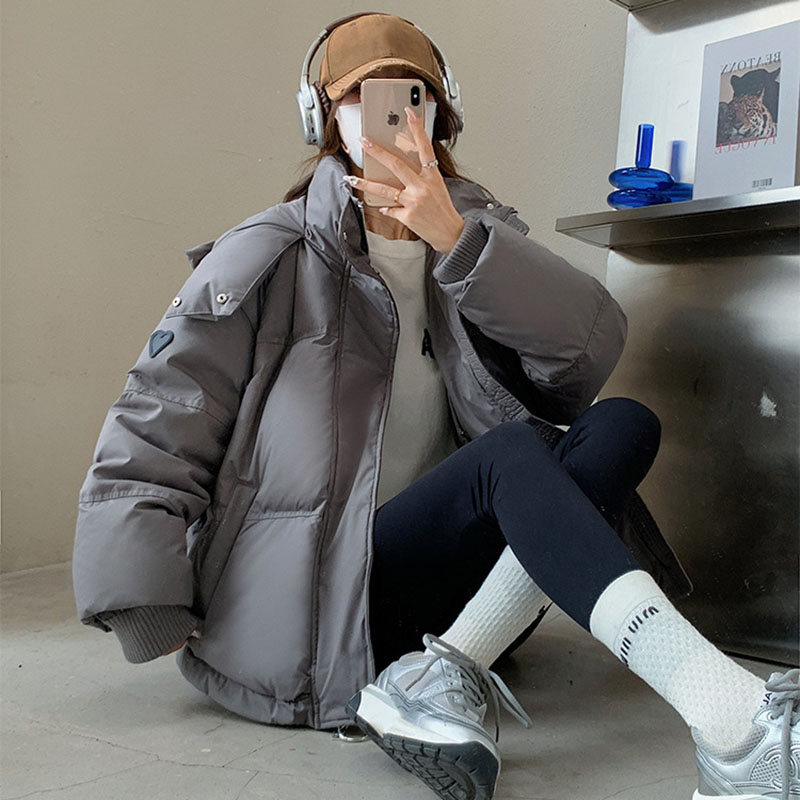 Korean Heart Shaped Short Down Cotton Jacket Women Harajuku Winter Couple Bread Style Outerwear Casual Thick Warm Hooded Parkas