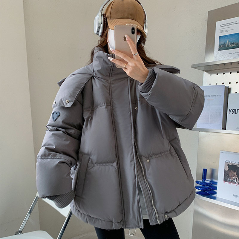 Korean Heart Shaped Short Down Cotton Jacket Women Harajuku Winter Couple Bread Style Outerwear Casual Thick Warm Hooded Parkas