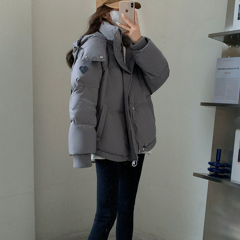 Korean Heart Shaped Short Down Cotton Jacket Women Harajuku Winter Couple Bread Style Outerwear Casual Thick Warm Hooded Parkas
