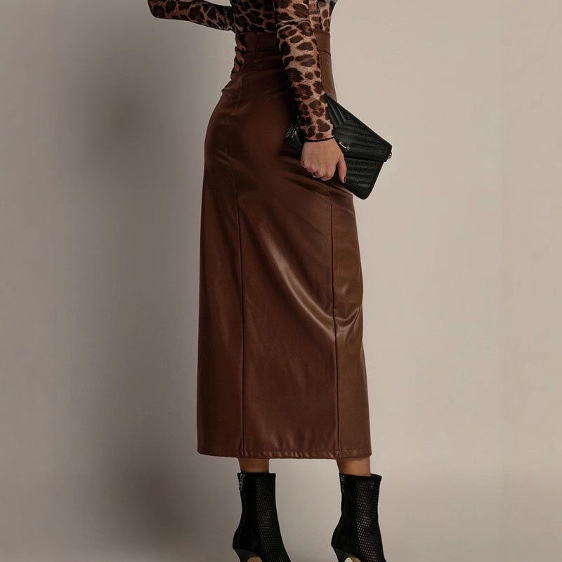 Sexy High Split PU Leather Skirts for Women Elegant Slim High Waisted Package Hip Skirts Ladies New Fashion Office Pencil Skirt