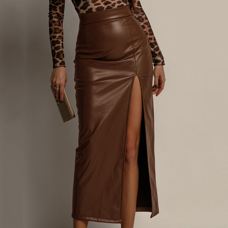 Sexy High Split PU Leather Skirts for Women Elegant Slim High Waisted Package Hip Skirts Ladies New Fashion Office Pencil Skirt