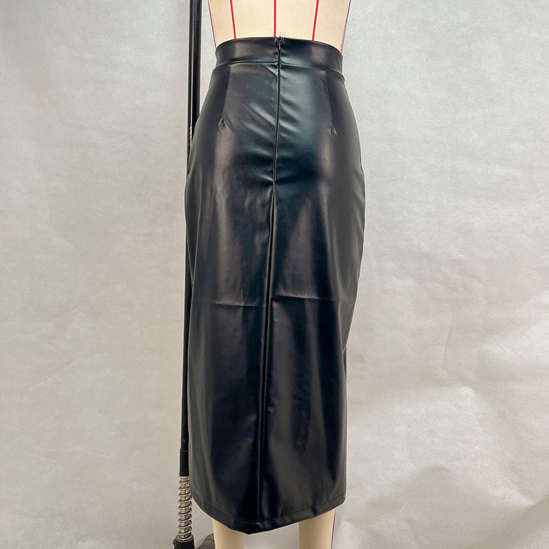 Sexy High Split PU Leather Skirts for Women Elegant Slim High Waisted Package Hip Skirts Ladies New Fashion Office Pencil Skirt