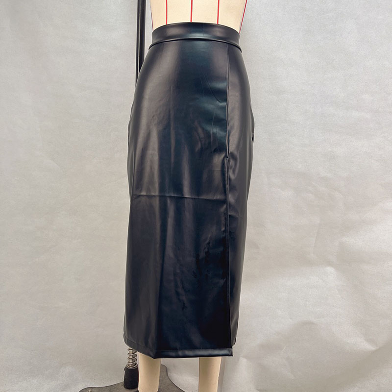 Sexy High Split PU Leather Skirts for Women Elegant Slim High Waisted Package Hip Skirts Ladies New Fashion Office Pencil Skirt