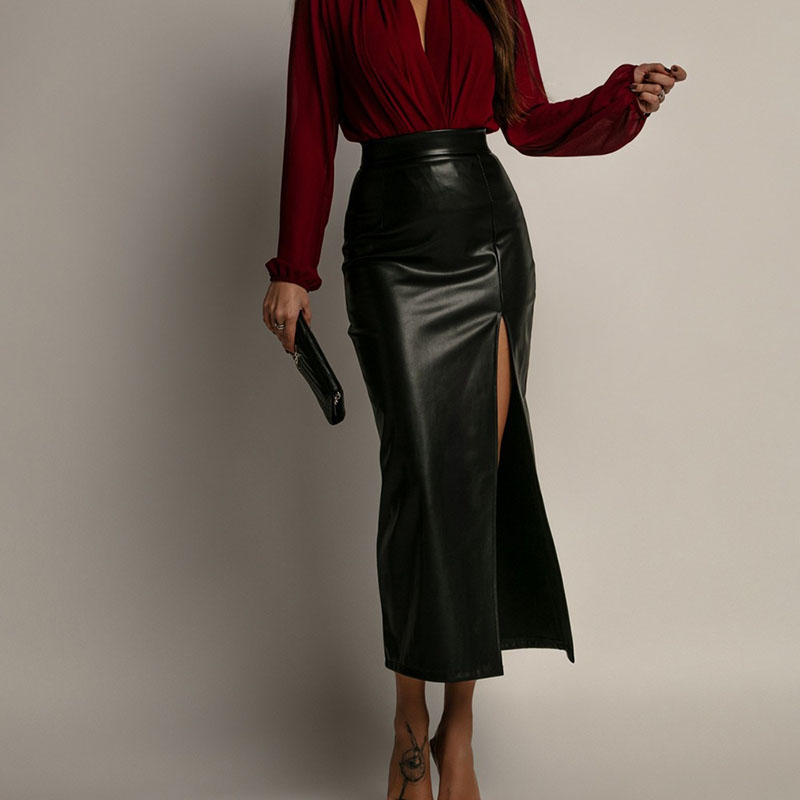 Sexy High Split PU Leather Skirts for Women Elegant Slim High Waisted Package Hip Skirts Ladies New Fashion Office Pencil Skirt