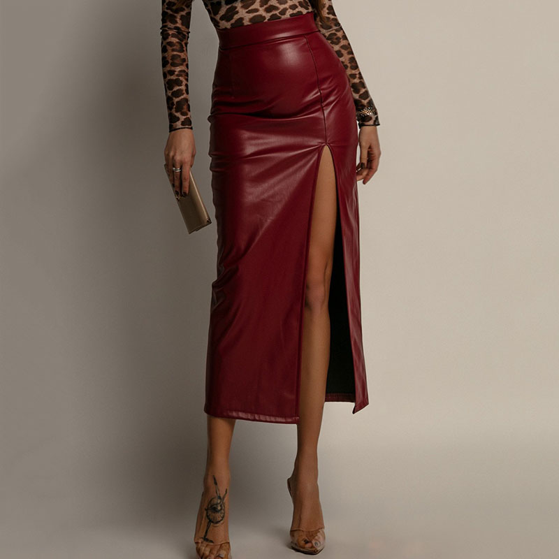 Sexy High Split PU Leather Skirts for Women Elegant Slim High Waisted Package Hip Skirts Ladies New Fashion Office Pencil Skirt