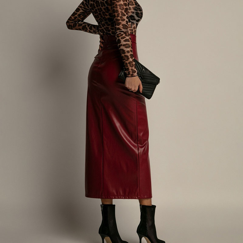 Sexy High Split PU Leather Skirts for Women Elegant Slim High Waisted Package Hip Skirts Ladies New Fashion Office Pencil Skirt