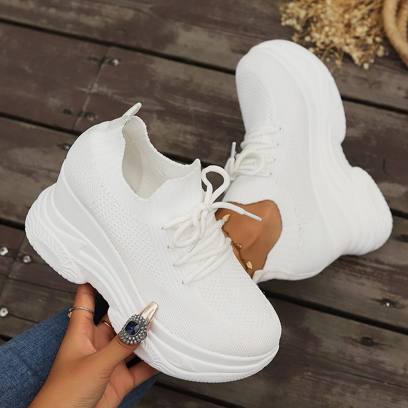 White Knitted Wedge Heels Women Spring Autumn Breathable Chunky Platform Sneakers Woman Slip On Mesh Running Shoes 42_desvips.com