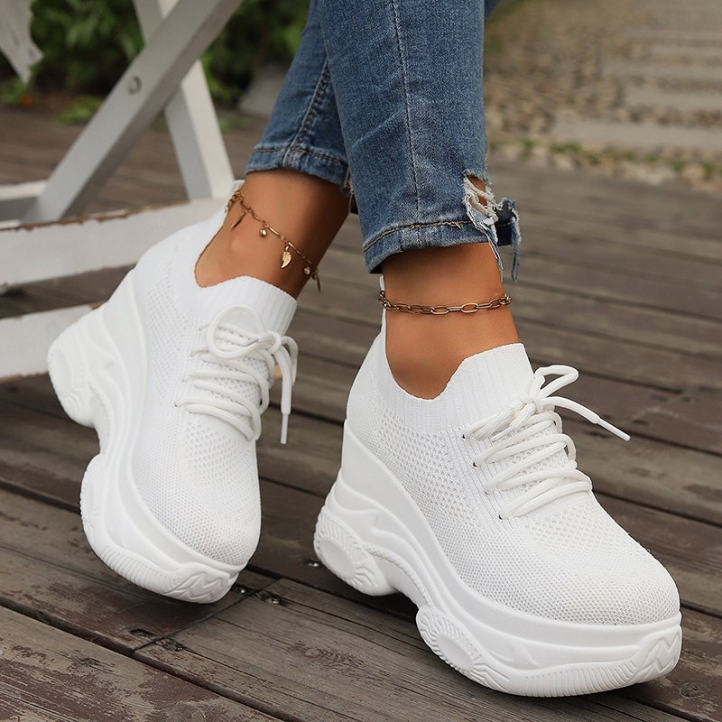 White Knitted Wedge Heels Women Spring Autumn Breathable Chunky Platform Sneakers Woman Slip On Mesh Running Shoes 42_desvips.com