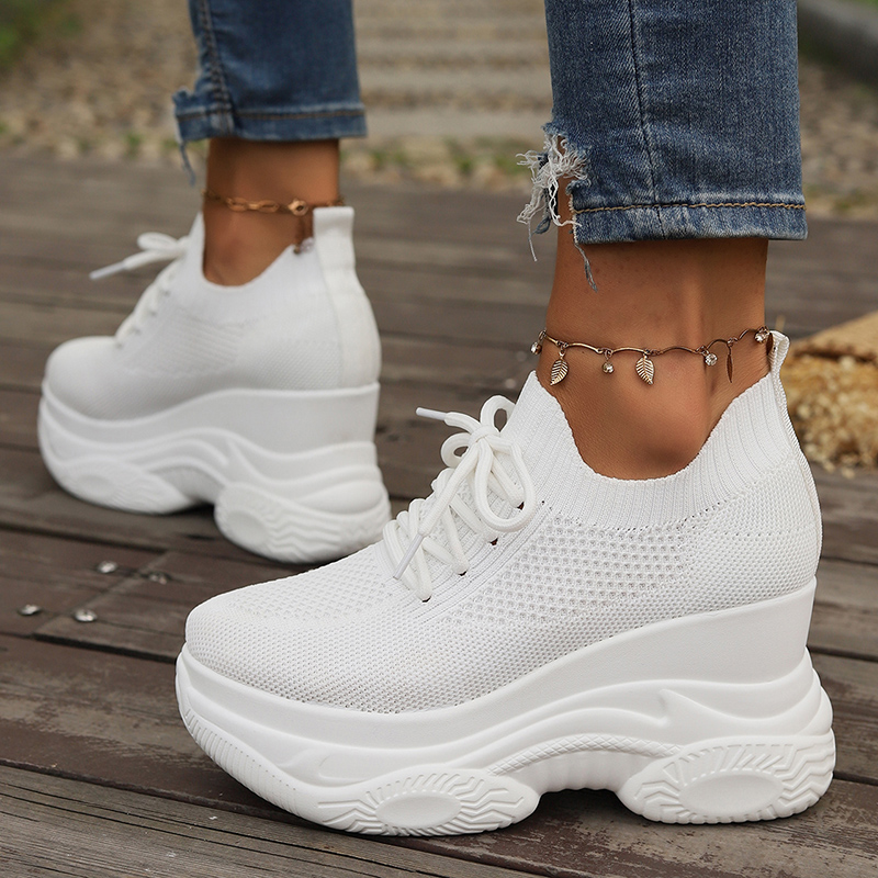 White Knitted Wedge Heels Women Spring Autumn Breathable Chunky Platform Sneakers Woman Slip On Mesh Running Shoes 42_desvips.com