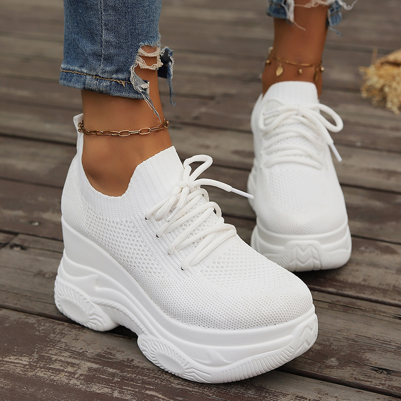 White Knitted Wedge Heels Women Spring Autumn Breathable Chunky Platform Sneakers Woman Slip On Mesh Running Shoes 42_desvips.com