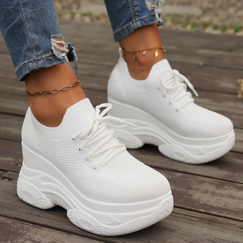 White Knitted Wedge Heels Women Spring Autumn Breathable Chunky Platform Sneakers Woman Slip On Mesh Running Shoes 42_desvips.com