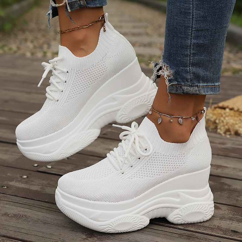 White Knitted Wedge Heels Women Spring Autumn Breathable Chunky Platform Sneakers Woman Slip On Mesh Running Shoes 42_desvips.com
