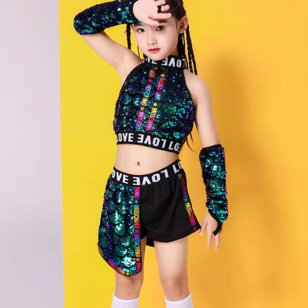 Children's Jazz Dance Apparel Sequins Street Dance Set Hip Hop Green - Picture 6 of 7