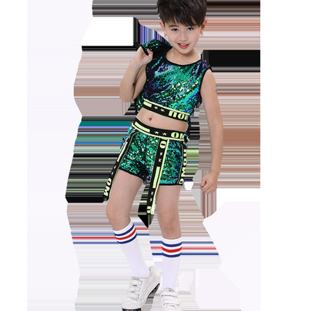 Children's Jazz Dance Apparel Sequins Street Dance Set Hip Hop Green - Picture 7 of 7