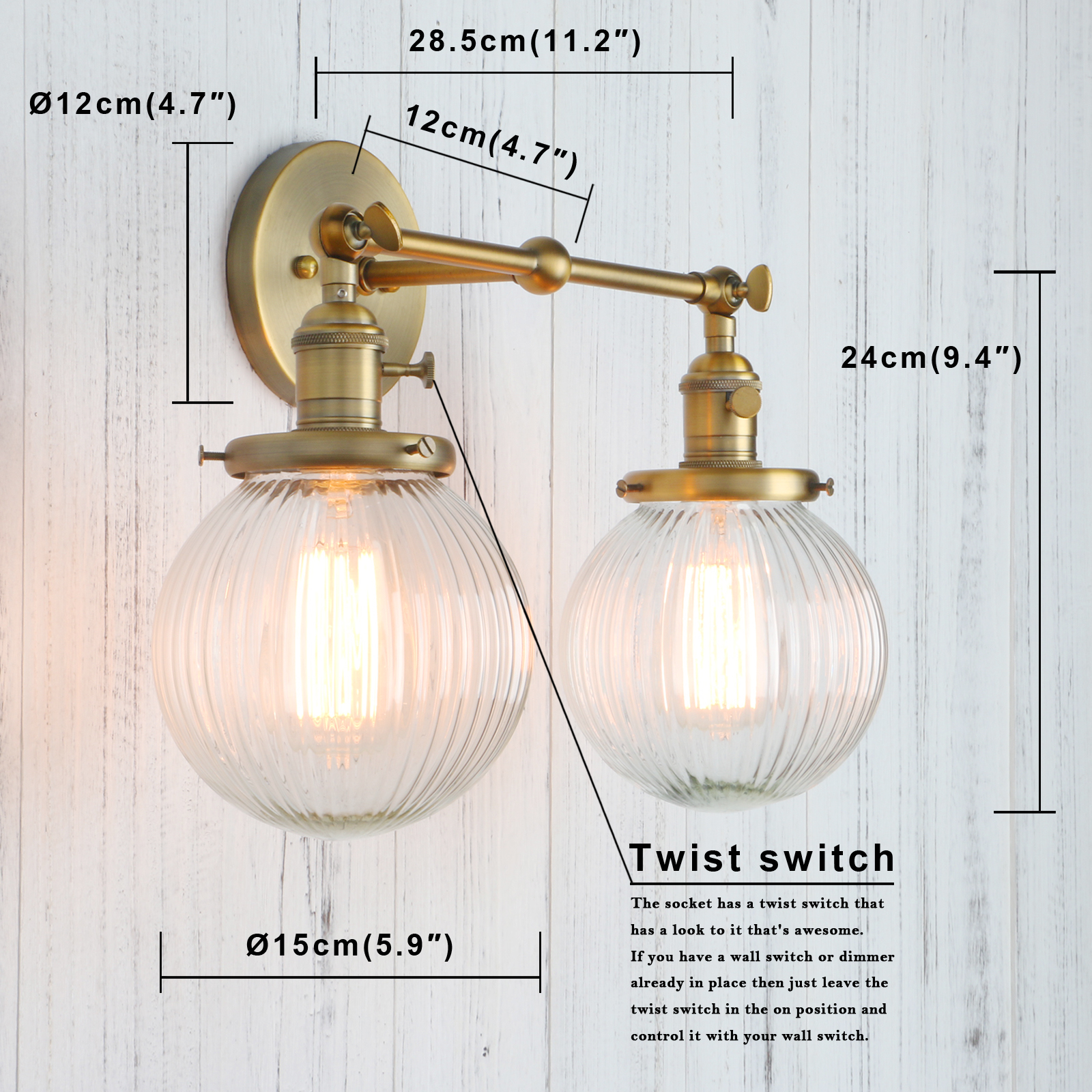 RETRO INDUSTRIAL RIBBED CLEAR GLASS DOUBLE ARM RUSTIC SCONCE ANTIQUE WALL LIGHT