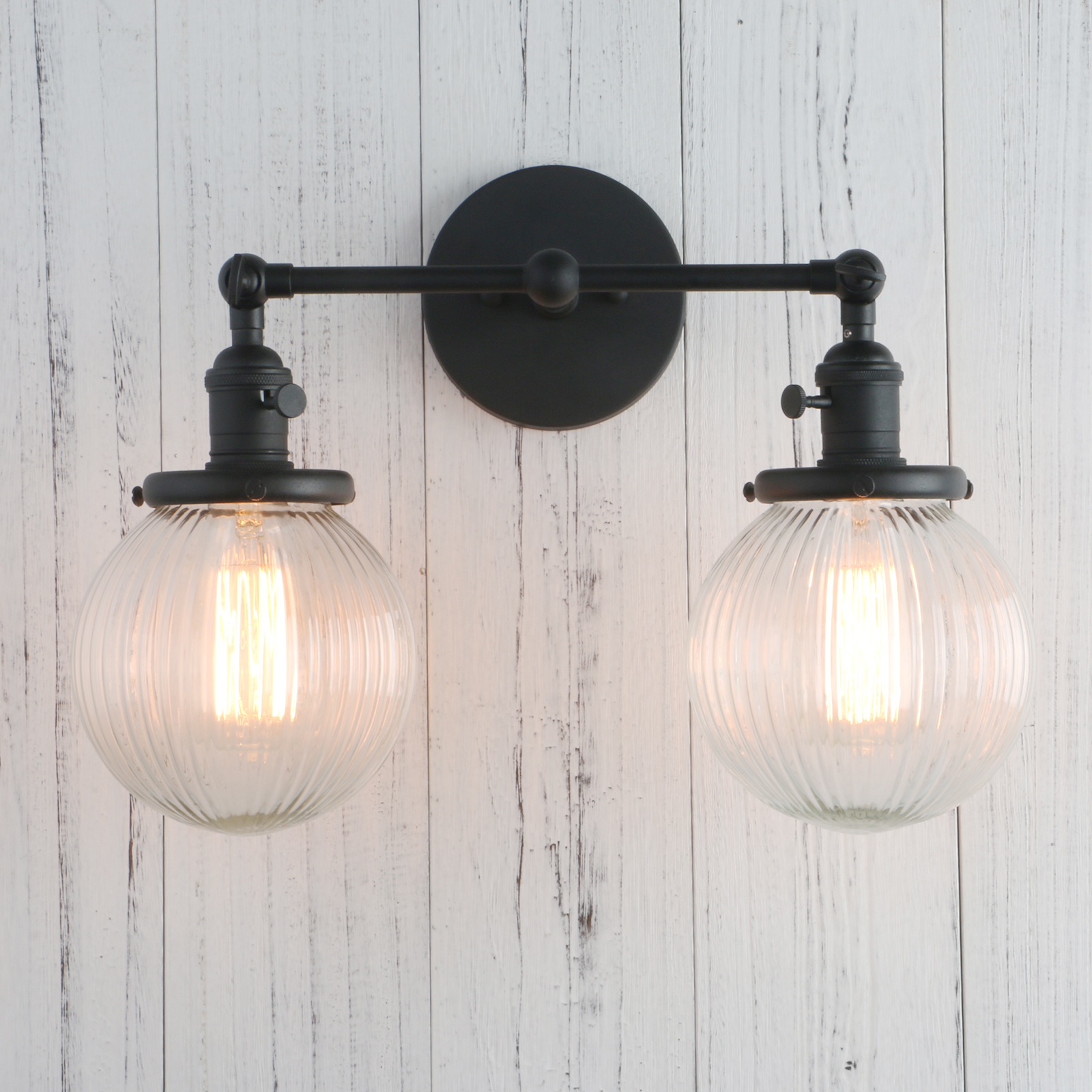 RETRO INDUSTRIAL RIBBED CLEAR GLASS DOUBLE ARM RUSTIC SCONCE ANTIQUE WALL LIGHT