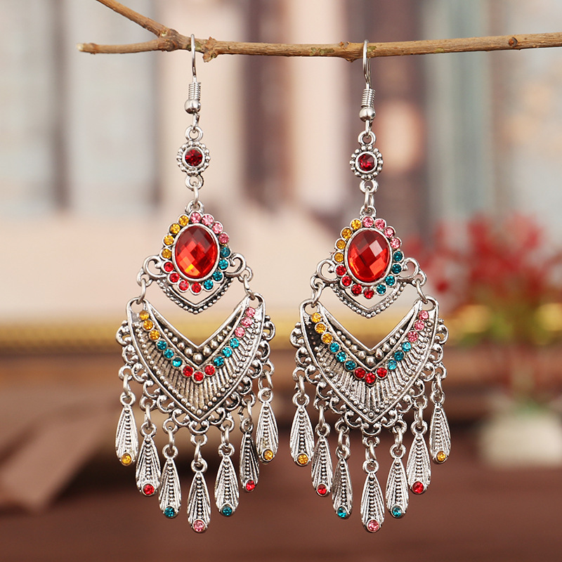 Orecchini Gancio Etnico Tibetano Argento Cristallo Strass Pendenti Nappe - Foto 4 di 11