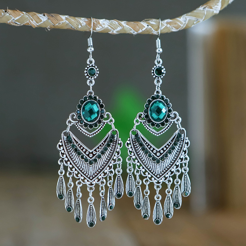 Orecchini Gancio Etnico Tibetano Argento Cristallo Strass Pendenti Nappe - Foto 5 di 11