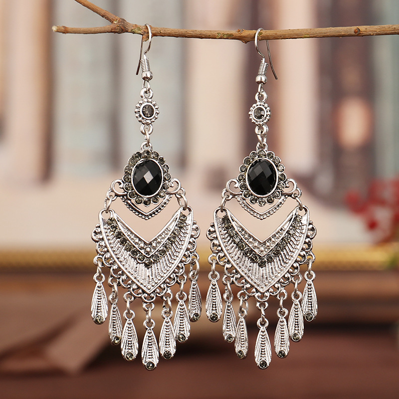 Orecchini Gancio Etnico Tibetano Argento Cristallo Strass Pendenti Nappe - Foto 6 di 11
