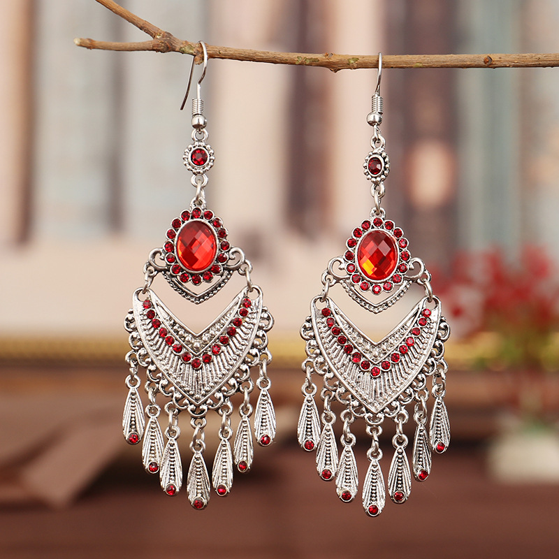Orecchini Gancio Etnico Tibetano Argento Cristallo Strass Pendenti Nappe - Foto 8 di 11