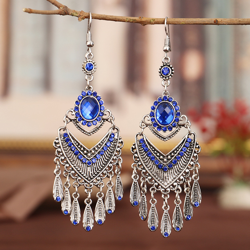 Orecchini Gancio Etnico Tibetano Argento Cristallo Strass Pendenti Nappe - Foto 9 di 11