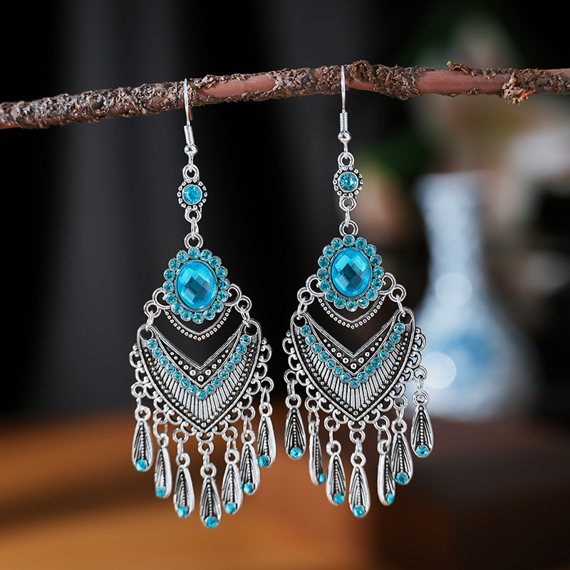 Orecchini Gancio Etnico Tibetano Argento Cristallo Strass Pendenti Nappe - Foto 11 di 11