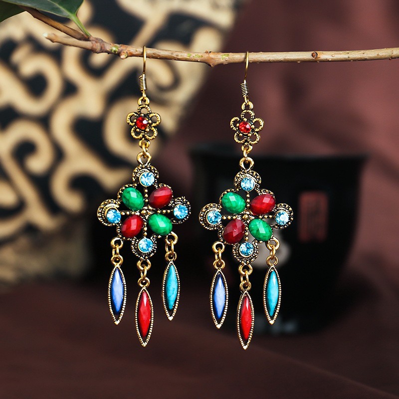 Ethnic Bohemian Bronze Color Opaque Rhinestones Tassels Dangle Hook Earrings - Picture 4 of 9