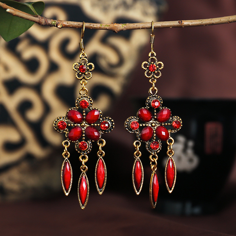 Ethnic Bohemian Bronze Color Opaque Rhinestones Tassels Dangle Hook Earrings - Picture 5 of 9