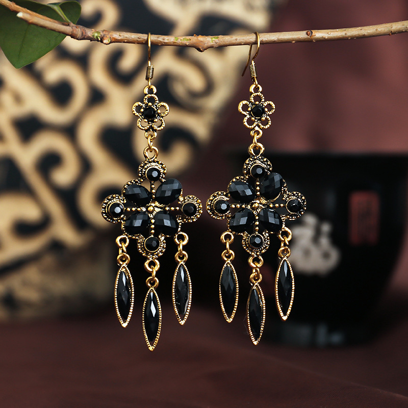 Ethnic Bohemian Bronze Color Opaque Rhinestones Tassels Dangle Hook Earrings - Picture 6 of 9