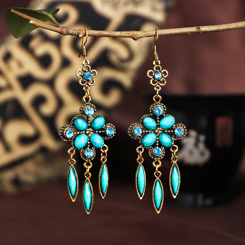 Ethnic Bohemian Bronze Color Opaque Rhinestones Tassels Dangle Hook Earrings - Picture 7 of 9