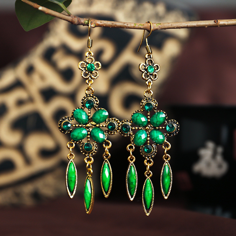 Ethnic Bohemian Bronze Color Opaque Rhinestones Tassels Dangle Hook Earrings - Picture 8 of 9
