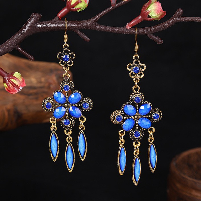 Ethnic Bohemian Bronze Color Opaque Rhinestones Tassels Dangle Hook Earrings - Picture 9 of 9