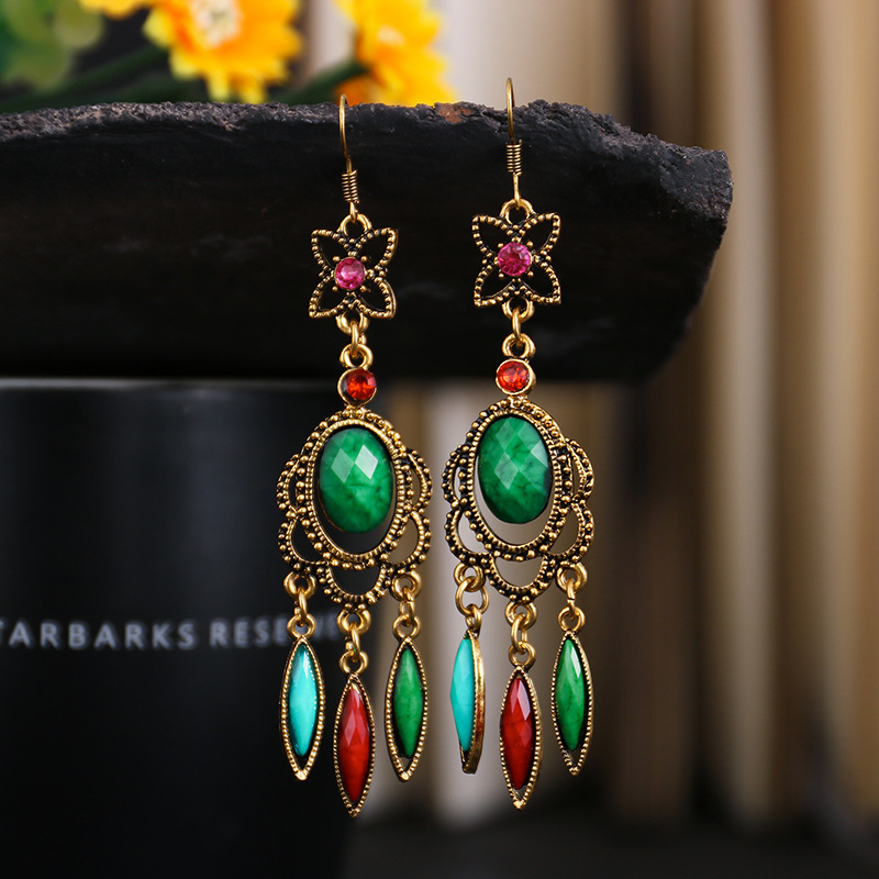 Ethnic Bohemian Bronze Color Opaque Rhinestones Tassels Dangle Hook Earrings