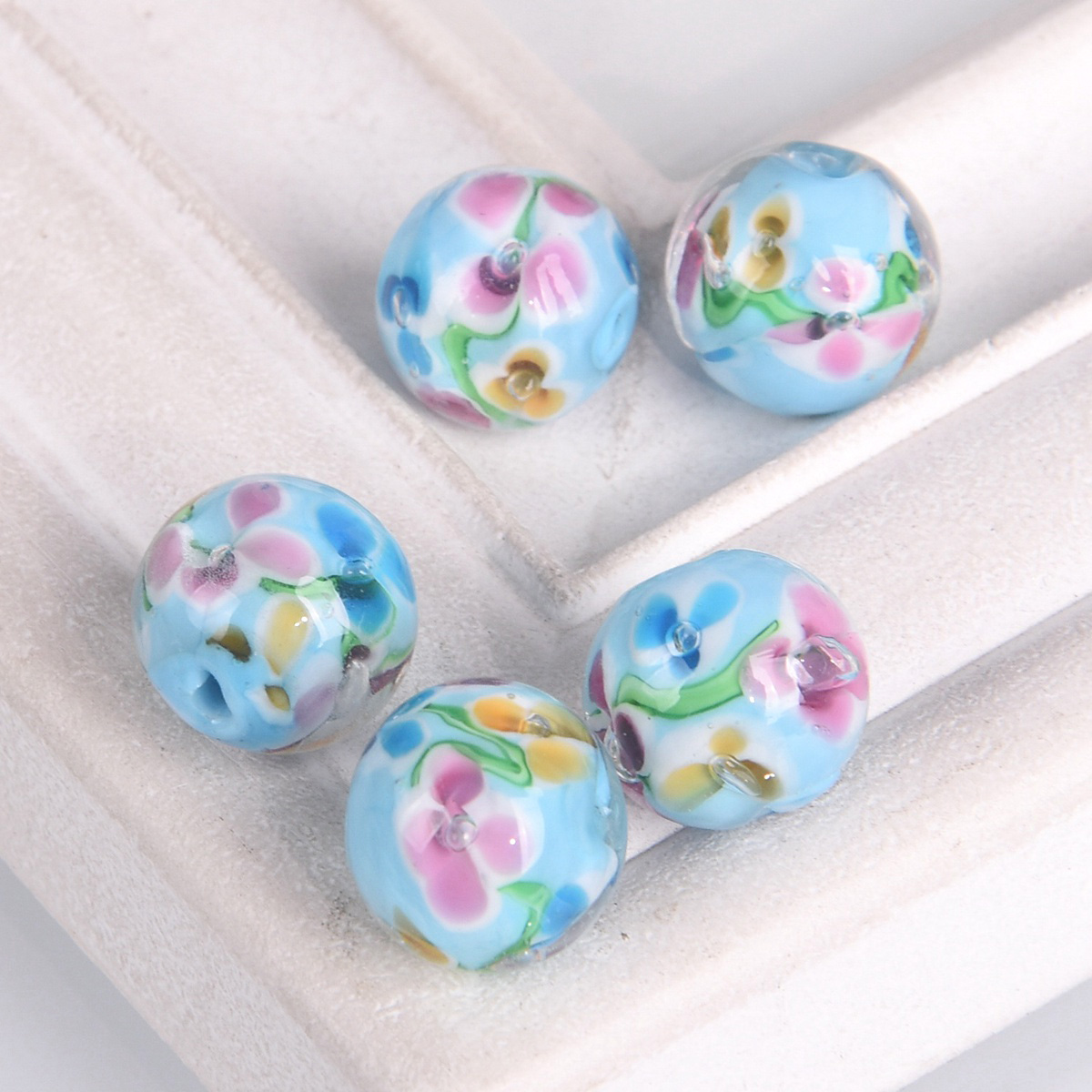 5pcs Round 12mm Handmade Flower Pattern Lampwork Glass Loose Beads DIY Jewelry - Picture 7 of 9