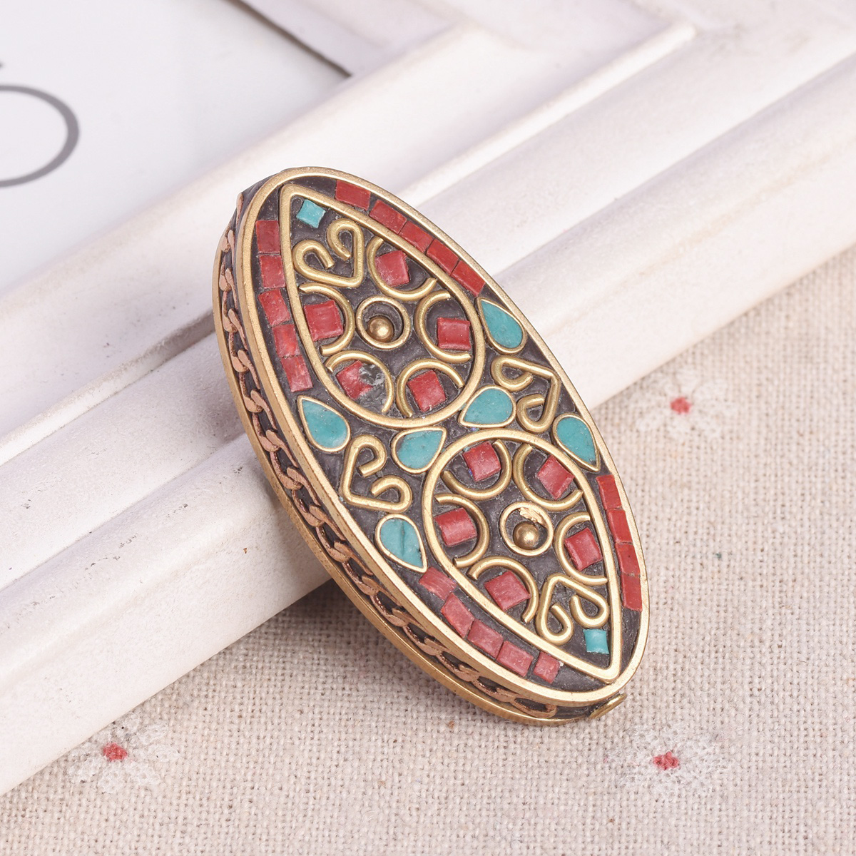 1pcs Big Oval 55x28mm Handmade Nepalese Tibetan Buddhist Brass Metal Clay Beads - Picture 6 of 11