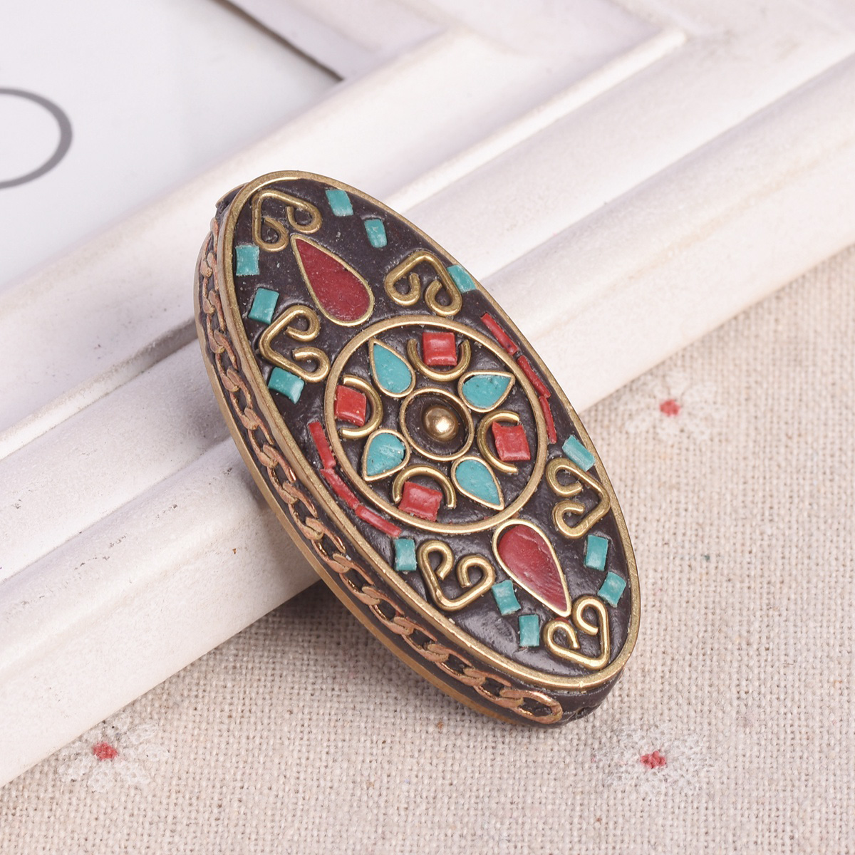 1pcs Big Oval 55x28mm Handmade Nepalese Tibetan Buddhist Brass Metal Clay Beads - Picture 9 of 11