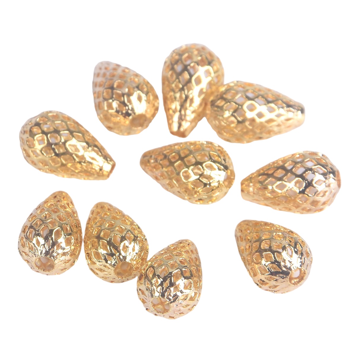 6x10mm 8x12mm 10x15mm 12x18mm Teardrop Hollow Mesh Brass Metal Plated Loose Bead - Picture 4 of 7