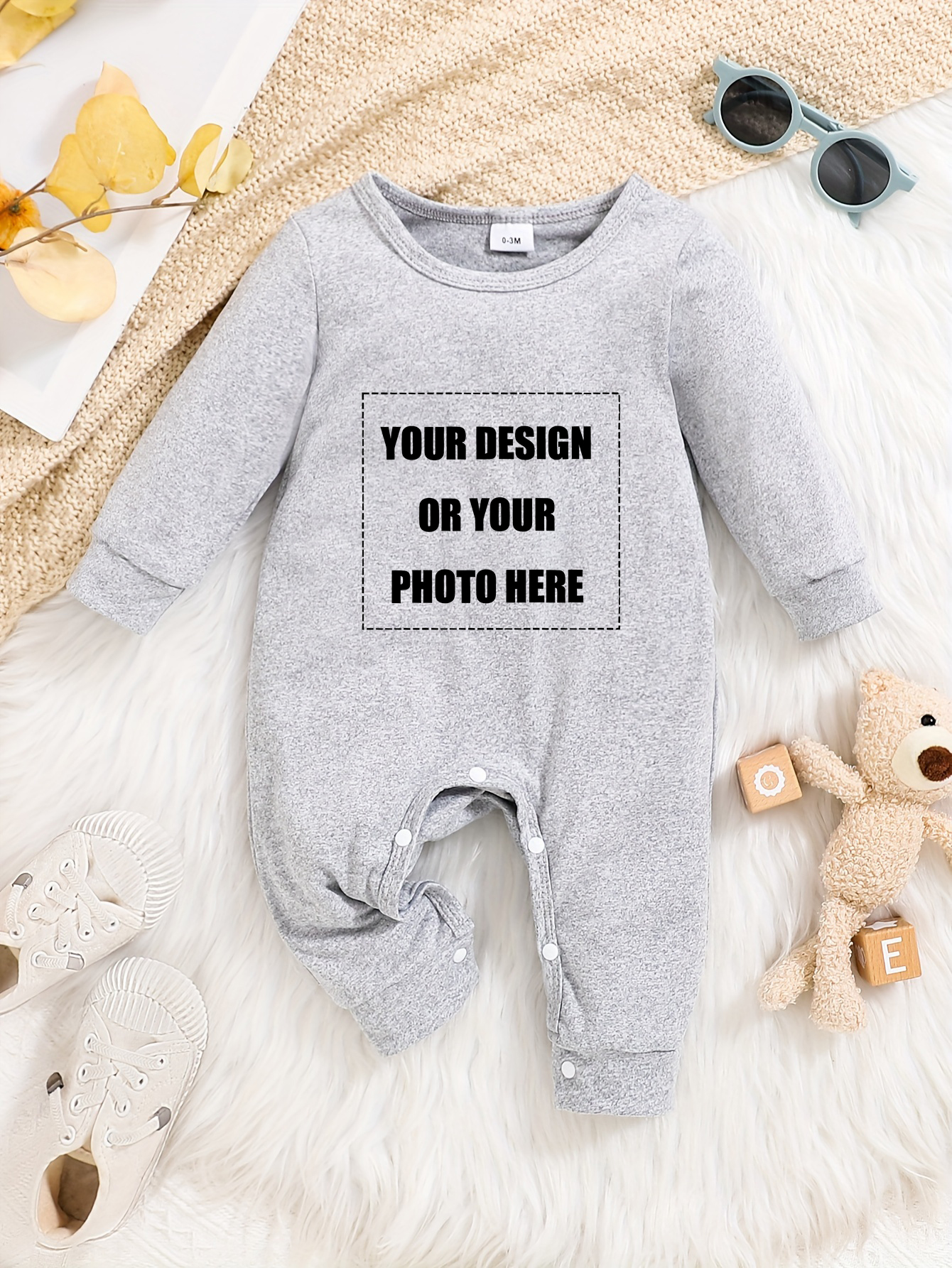 Custom Personalised Design Baby Romper Suit Newborn Long Sleeve Outfit Grey - Imagen 7 de 24